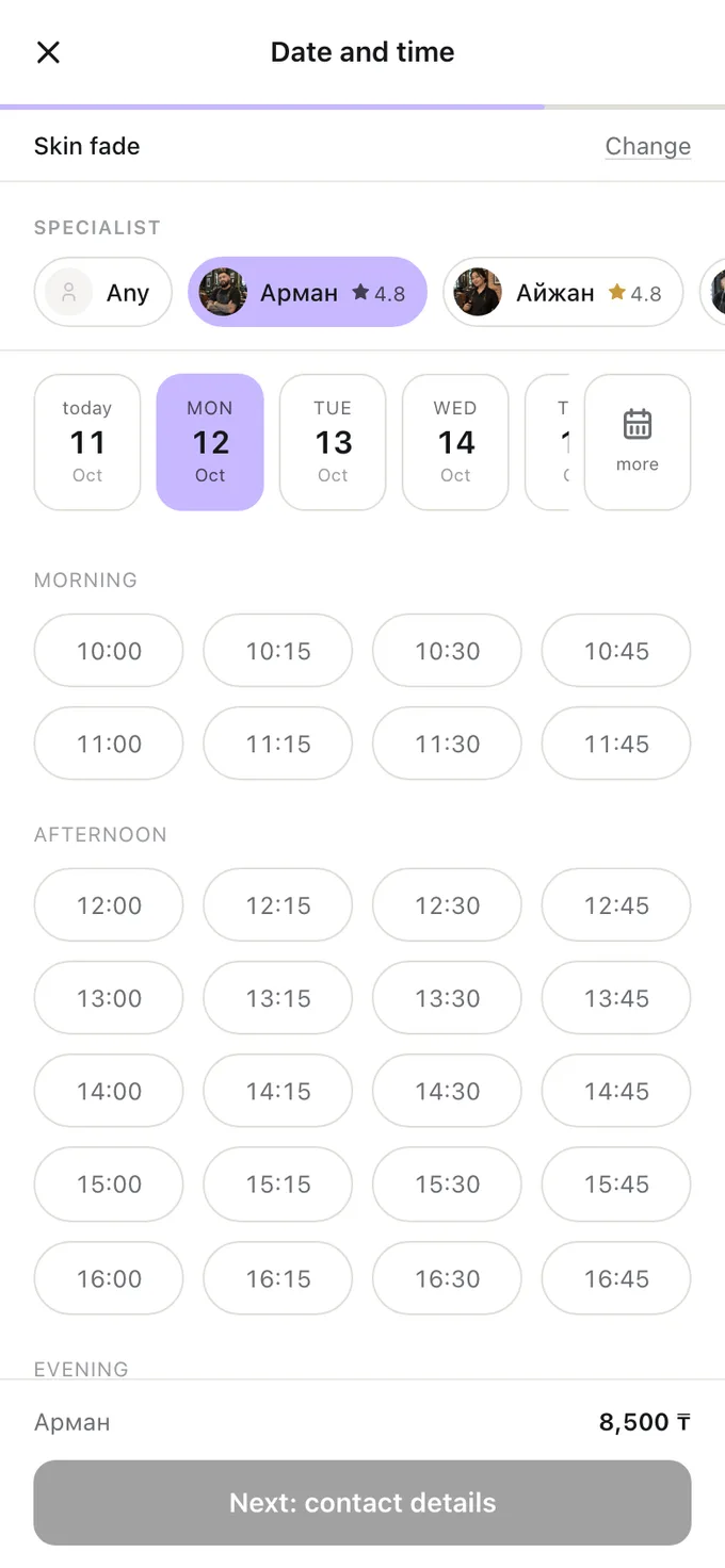 The time step of Naya online booking: specialist, days and free slots